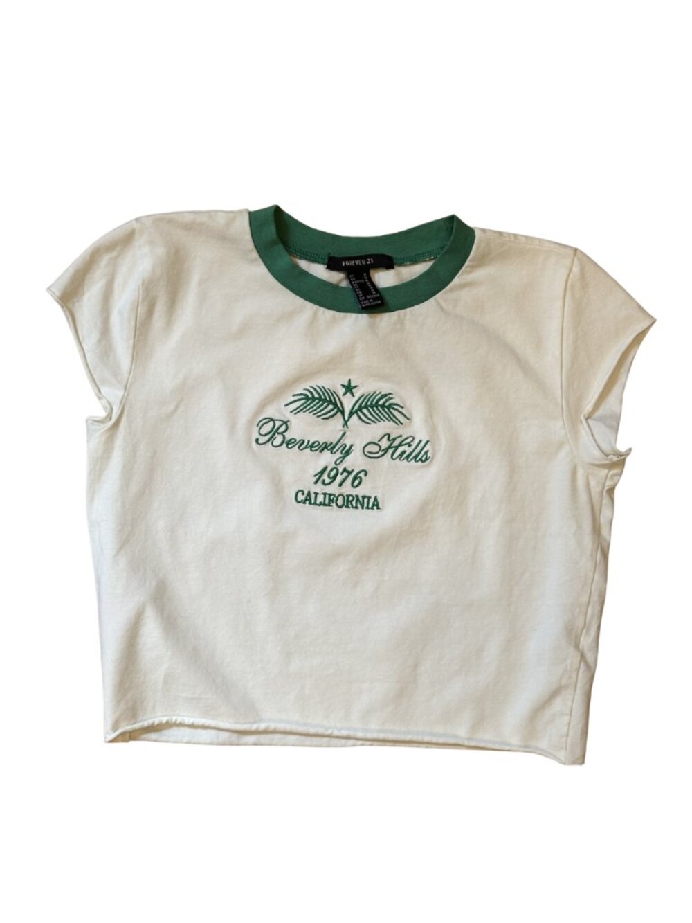 Forever 21 Embroidered Ringer "Beverly Hills" Cropped Raw Hem Baby Tee - Size M